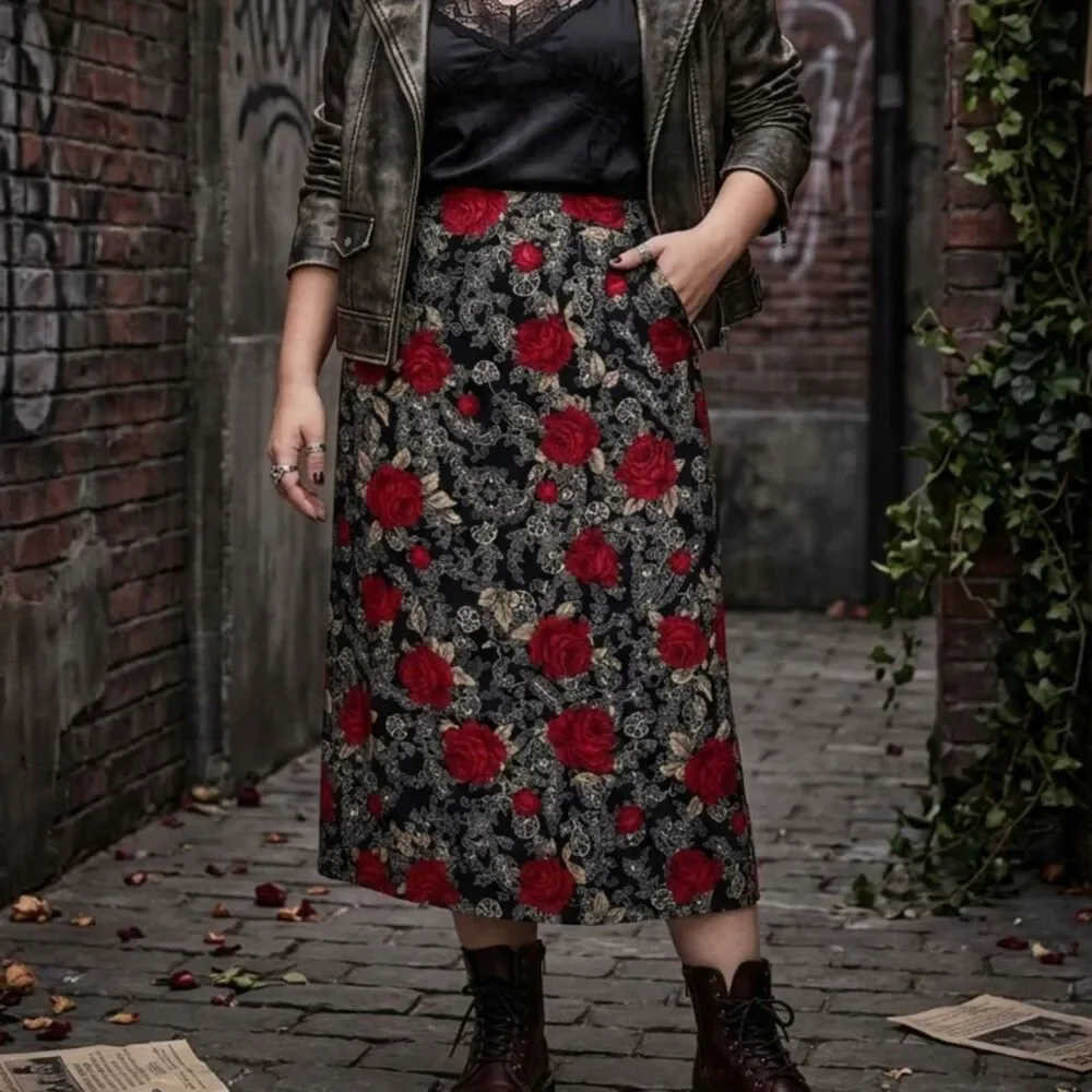 Vintage 90s black red rose floral print romantic vamp grunge skirt size 16p